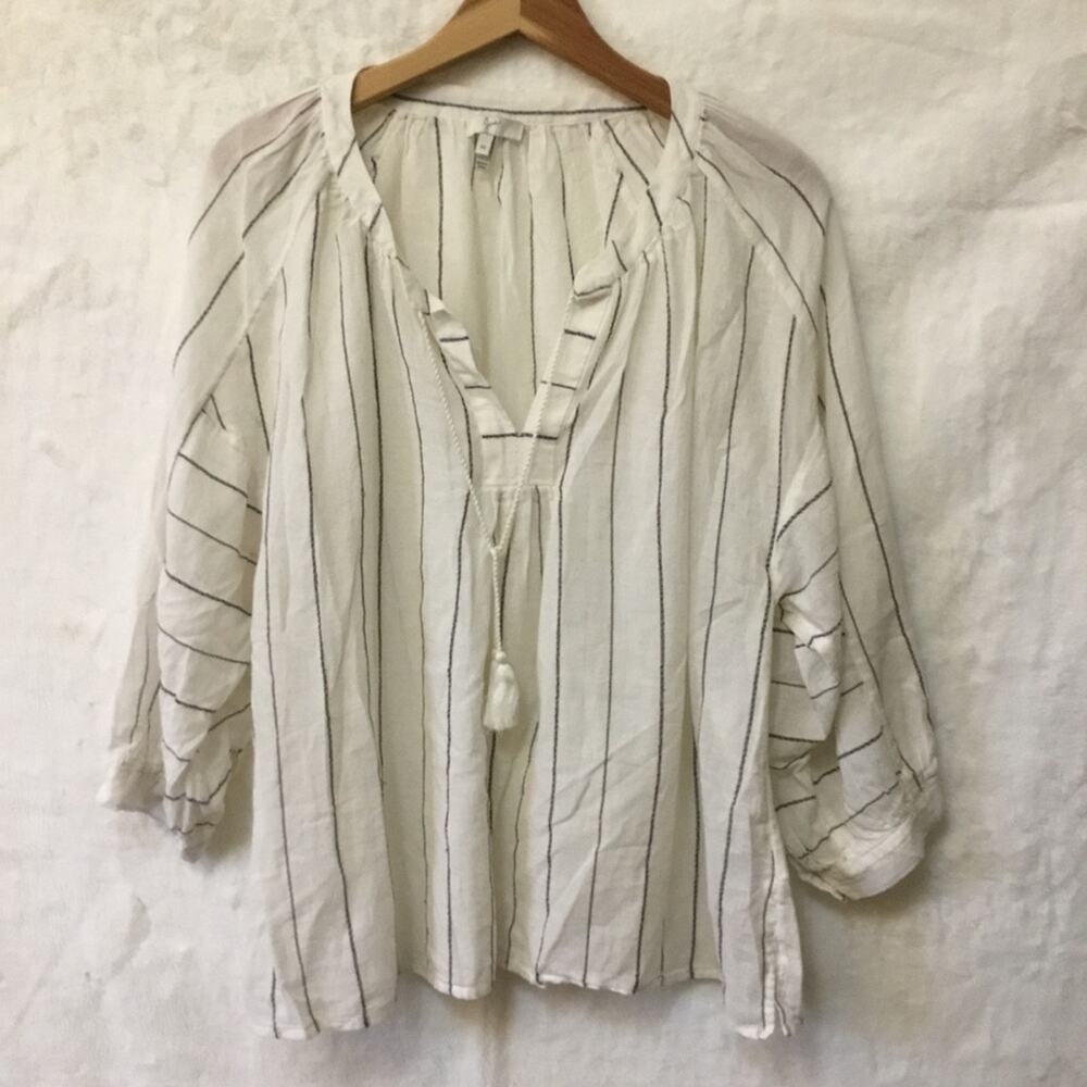 Joie White and Black Striped Peasant Tassel Top